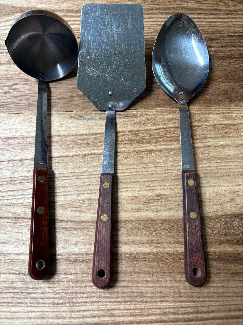 Stainless Steel Cooking Spoon, Ladle & Turner Set with Brown Wood Handles